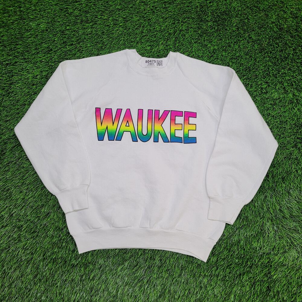 Vintage Waukee Raglan Sweatshirt Womens M 18x22 Neon Rainbow